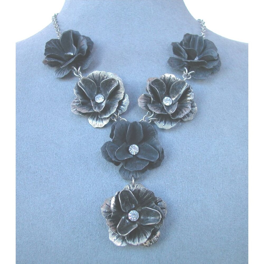 Silver-Tone Rose Necklace W/ Rhinestones 18"